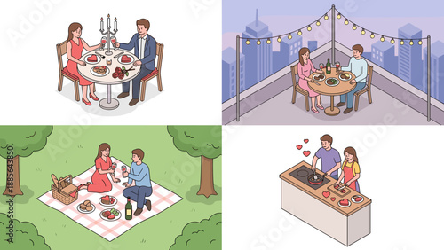 Romantic couple dinner scenes collection. Isometric vector illustration of date night moments. Couple cooking together, rooftop dinner, candlelight restaurant meal, and picnic in park concept.