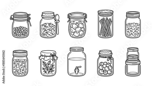 Zero waste glass jars vector set. Minimalist line art icons of reusable containers, spice jars, herbs, seeds, and storage bottles in clean outline style for sustainable kitchen and eco lifestyle