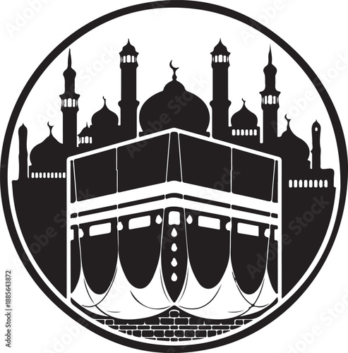 The Sacred House of Allah: An illustration of the Kaaba, the most sacred site in Islam, with silhouette of surrounding structure. Symbolic representation of faith and devotion.