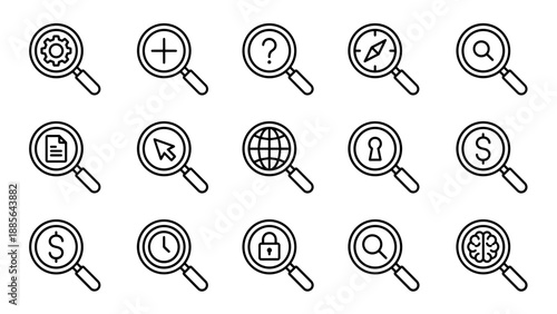 Magnifying glass search icons set. Minimalist line art magnifier symbols including globe, dollar, document, lock, brain, compass, settings gear, and plus sign for digital interface UI and web design.