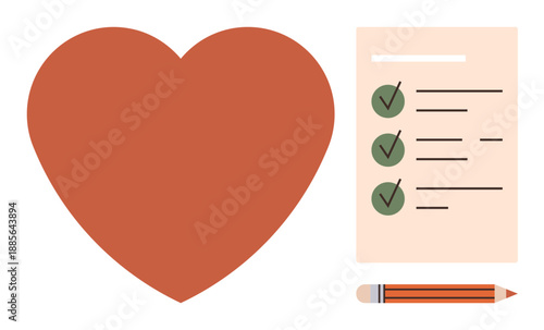 Health management, goal setting, productivity planning, personal care, organization, task prioritization. A red heart with checklist and pencil. Health management and goal setting concept