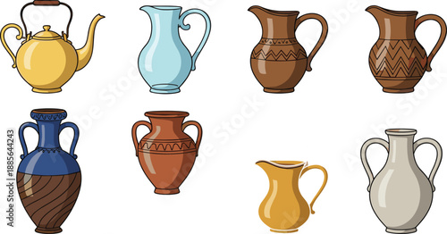Ceramic jug and pitcher vector set with vintage pottery vases, antique water jugs and decorative clay vessels isolated on white background for home and history design