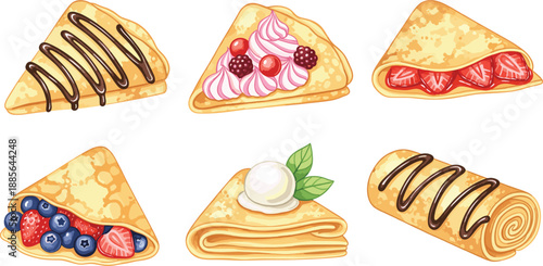 Sweet crepe dessert vector illustration set with folded pancakes, berry fillings, chocolate drizzle and rolled crepes isolated on white background for bakery design