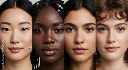 Diverse Group of Women Portraits, Close-Up Beauty Shots, Studio Setting, Four Unique Faces, Multicultural Representation