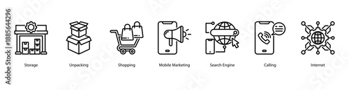 Digital Retail Engagement web banner icon vector illustration featuring Storage, Unpacking, Shopping, Mobile Marketing, Search Engine, Calling, and Internet.