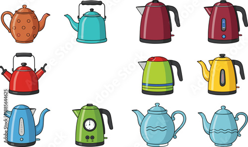 Kitchen kettle vector set with electric kettles, teapots and colorful water boilers isolated on white background for home appliance and cooking design
