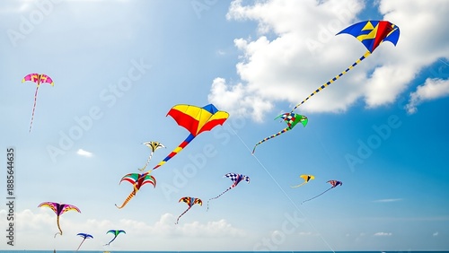 Vibrant kites soar high in the sky with people flying them on a sunny day at the beach, captured from a low-angle viewpoint.