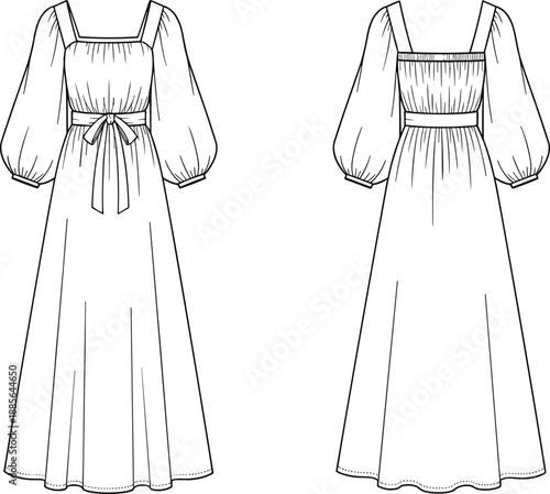 Technical Fashion Illustration of Long Dress with Square Neckline, Puffed Sleeves, and Shirred Bodice – Front and Back Views