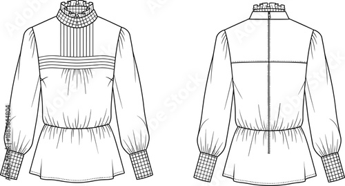   
Technical Fashion Illustration of Women’s Blouse with Ruffled Collar, Peplum Waist, and Puffed Sleeves – Front and Back Views