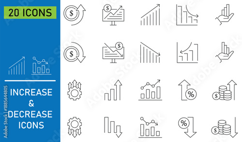 Collation of increase and decrease icon set showing business growth. Containing growth, graph, decrease, fall, up and more. Business growth and fall graph symbol. Vector illustration.