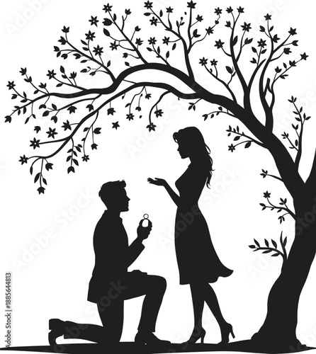 Romantic proposal silhouette under tree, man kneeling offering engagement ring to woman, love marriage commitment concept, black figures isolated on white proposal man kneeling offering engagement 