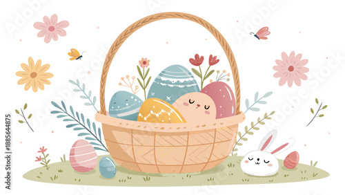 Cute Easter basket with colorful eggs and bunny in garden