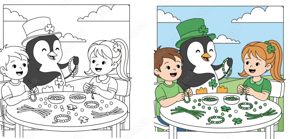 Fototapeta premium Happy cartoon children and cute penguin in green hat making St. Patrick's Day bead jewelry and crafts with shamrocks at table outdoors vector illustration.