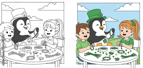 Happy cartoon children and cute penguin in green hat making St. Patrick's Day bead jewelry and crafts with shamrocks at table outdoors vector illustration.
