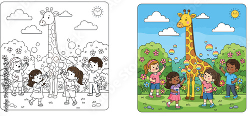 Happy diverse cartoon children blowing colorful soap bubbles with cute giraffe in sunny flower garden outdoors vector illustration.