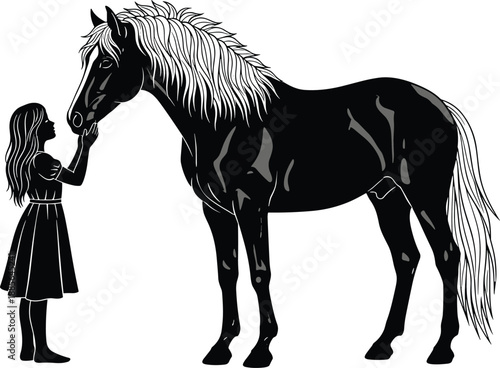 Girl touching horse face, emotional bond, animal friendship, silhouette art, black and white, flat vector, cad drawing illustration, peaceful rural scene