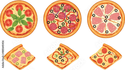 Italian pizza and toast vector set with sliced pizzas, cheese toppings, pepperoni and baked bread snacks isolated on white background for fast food design