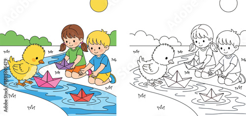 Happy cartoon boy and girl sailing colorful origami paper boats in river water accompanied by a cute yellow chick on a sunny day vector illustration.