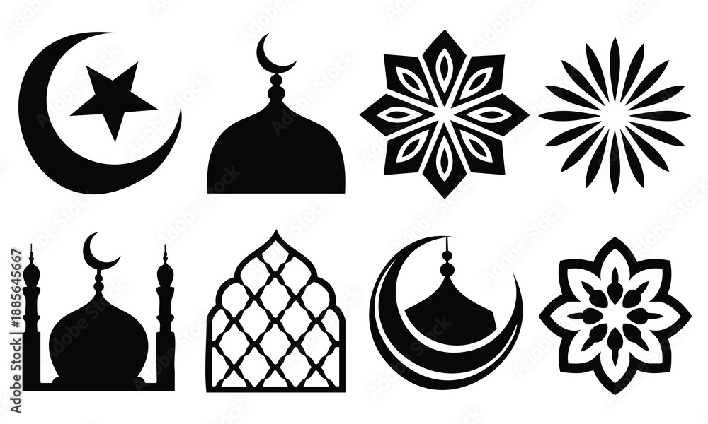 Obraz premium Ramadan silhouette icons with mosque, crescent moon and stars design