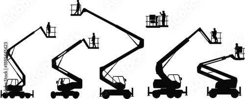 Aerial work platform and boom lift silhouette set with workers on cherry pickers, industrial maintenance and construction equipment, black vector illustration collection