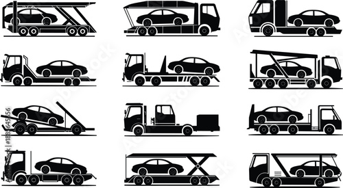Car transporter truck silhouette set with auto carrier trailers, vehicle loading and delivery transport service, black vector logistics illustration collection