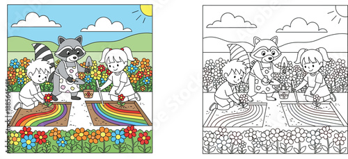 Cute cartoon children and raccoon gardener planting flowers in rainbow beds on sunny day vector illustration.