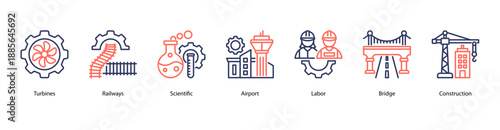 Infrastructure and Transportation web banner icon vector illustration featuring Turbines, Railways, Scientific, Airport, Labor, Bridge, and Construction.