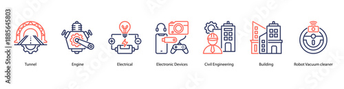 Applied Engineering Technology web banner icon vector illustration featuring Tunnel, Engine, Electrical, Electronic Devices, Civil Engineering, Building, and Robot Vacuum Cleaner.