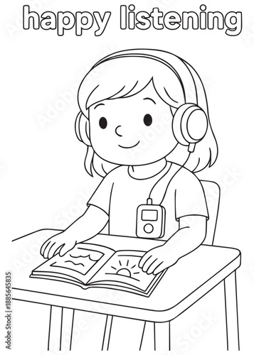coloring book girl listening audiobook with headphones at table