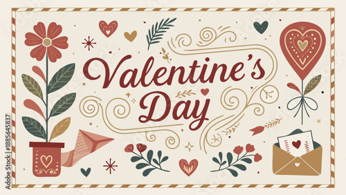 Valentine's Day celebration with flowers hearts and love letters