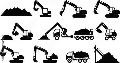 Construction machinery silhouette set with excavator, dump truck, loader and soil piles, heavy equipment icons, industrial building illustration, black vector collection