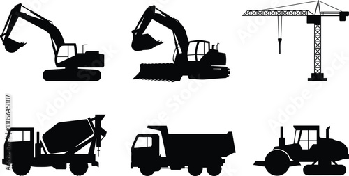 Construction machinery silhouette set with excavators, crane, dump truck and cement mixer, heavy equipment icons, black vector illustration collection