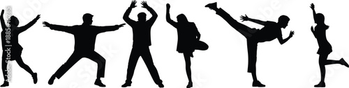 Active people silhouettes performing dance, fitness, and martial arts poses, expressing energy, movement, balance, flexibility, sport, and healthy lifestyle