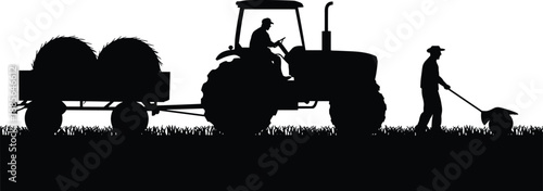 Farm tractor and farmer silhouette with hay bales trailer, rural agriculture work and harvesting activity concept, black vector illustration background