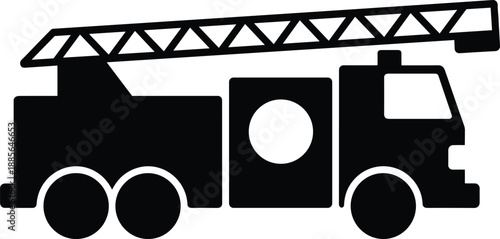 Fire truck ladder silhouette icon with emergency rescue vehicle, firefighting equipment and safety service concept, black vector illustration isolated on white background