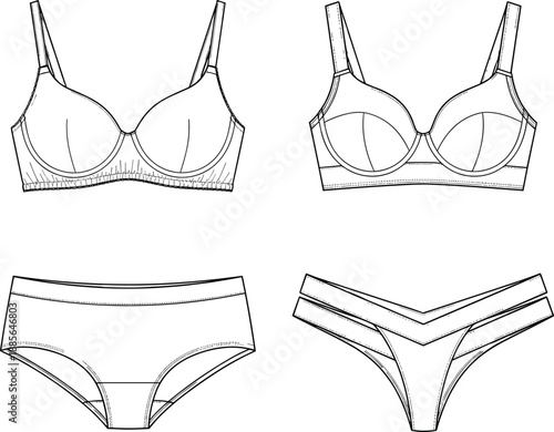 Fashion technical drawing of lingerie set, bra and panties flat sketch vector illustration, underwear design template, intimate apparel collection