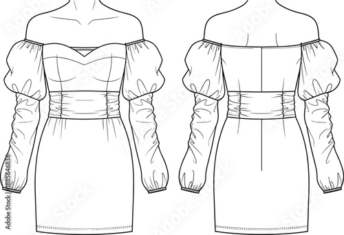 Fashion technical drawing of off shoulder dress, flat sketch vector illustration, puff sleeves, sweetheart neckline, ruched waist, front back views
