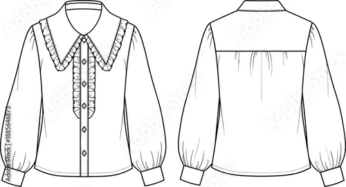 Fashion technical drawing of ruffled blouse, flat sketch vector illustration, oversized collar, bishop sleeves, button placket, front back views