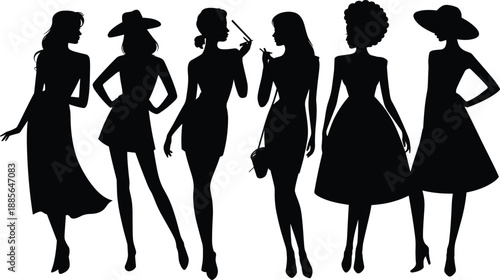 Fashionable women silhouettes vector illustration, elegant ladies in stylish dresses and hats posing with confidence, modern fashion concept and feminine beauty design