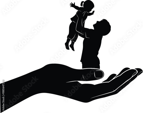 Father lifting child on protective hand silhouette, black vector illustration symbolizing family love, care, safety and parental support concept