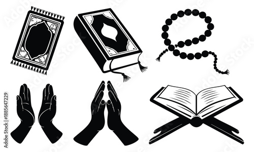 Ramadan silhouette set: prayer mat, holy book, rosary, and praying hands