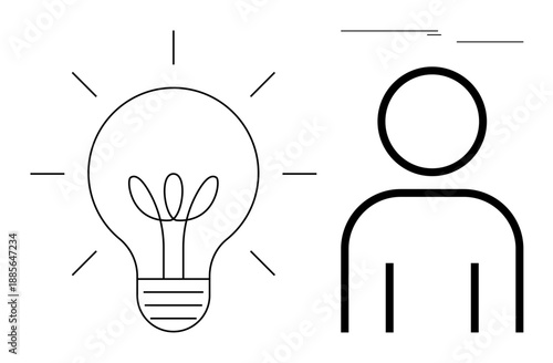 Light bulb with plant inside and minimal human figure convey growth, creativity, and innovation. Ideal for sustainability, leadership, collaboration, personal growth, idea generation, learning