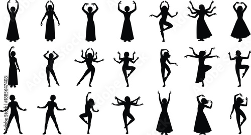 Female dance silhouette collection illustration, expressive ballet and modern poses, artistic movement, performing arts concept, black vector design, isolated minimalist style