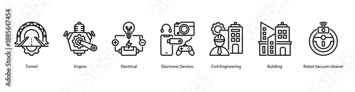 Applied Engineering Technology web banner icon vector illustration featuring Tunnel, Engine, Electrical, Electronic Devices, Civil Engineering, Building, and Robot Vacuum Cleaner.