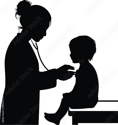 Female doctor examining child with stethoscope silhouette, pediatric healthcare illustration, medical checkup concept, hospital professional and young patient vector design