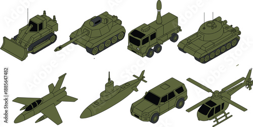 Isometric military vehicle and aircraft collection with tanks, missile truck, jet, submarine and helicopter, modern army equipment vector illustration set