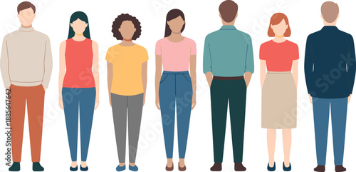 Diverse group of people standing together front and back view, modern flat vector illustration representing inclusivity, teamwork, community, gender diversity, and multicultural society concept