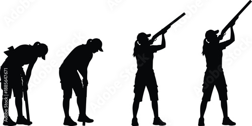 Female golfer swing sequence silhouettes showing golf stance, backswing and follow through motion, professional sports training concept, athletic woman isolated on white background illustration