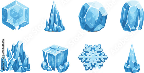 Ice crystal vector set with frozen shards, snowflake, icy blocks and cold winter elements isolated on white background for fantasy and game design