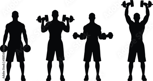 Fitness Training Silhouette Vector Set Showing Male Athletes Lifting Dumbbells, Strength Workout Exercises and Gym Bodybuilding Poses, Black Isolated Sports Illustrations